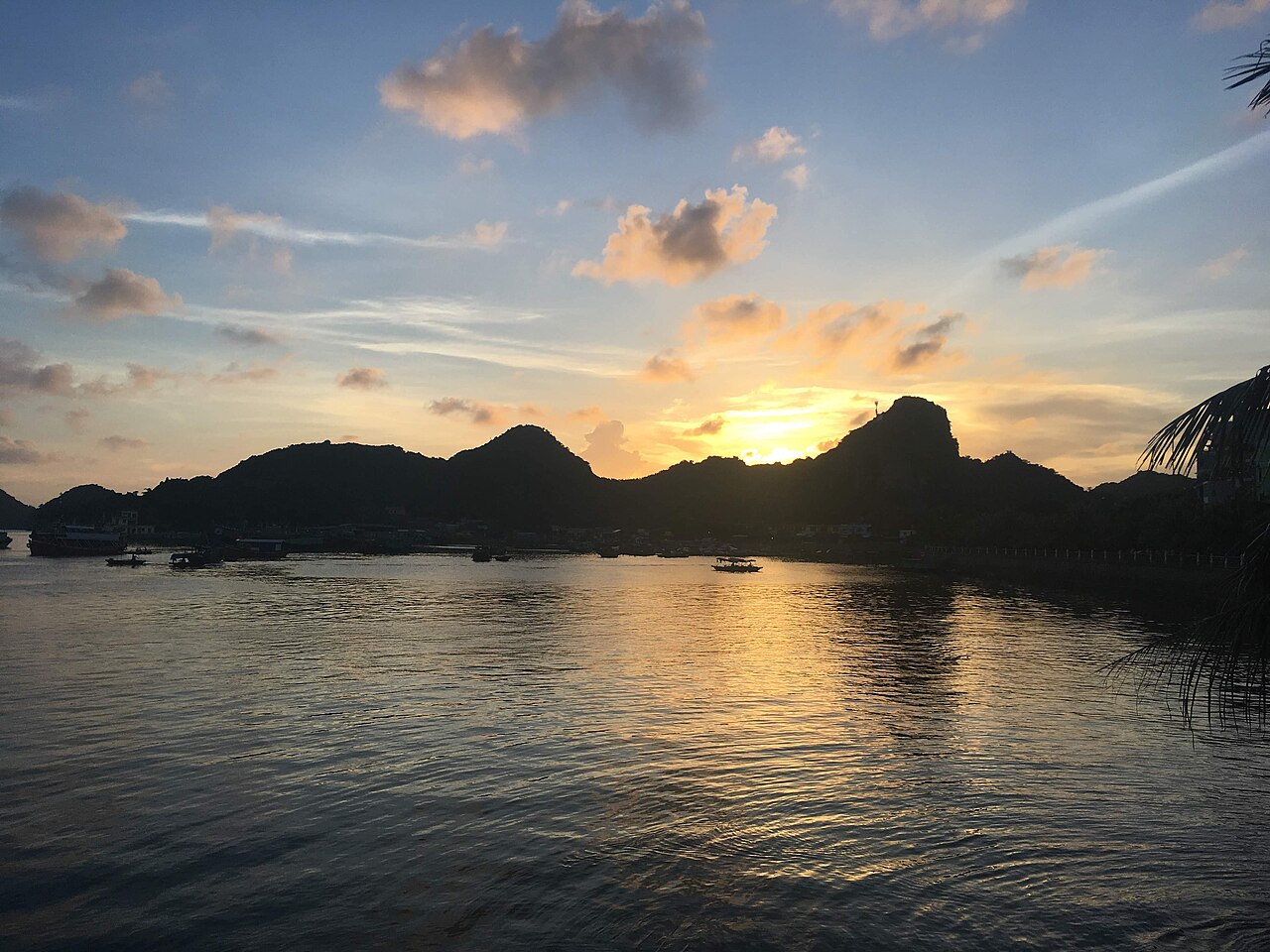 Sunset over the water viewed from Cat Ba Town