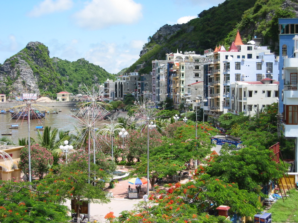 Cat Ba Town waterfront and buildings in 2003