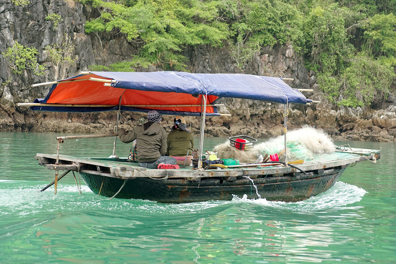 Working fishing boat near Cai Beo floating village