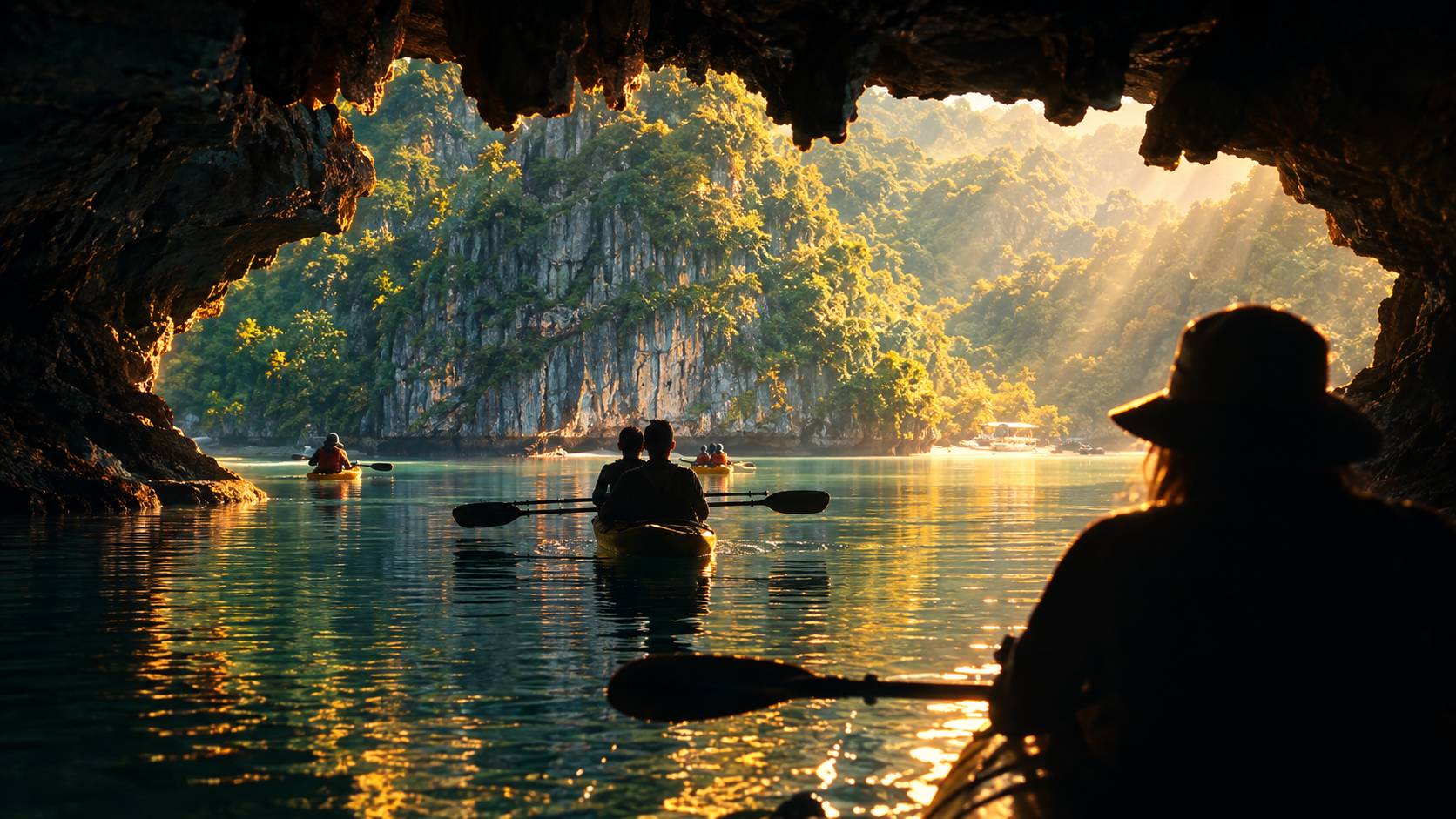 Illustrative scene of kayakers paddling through a limestone opening