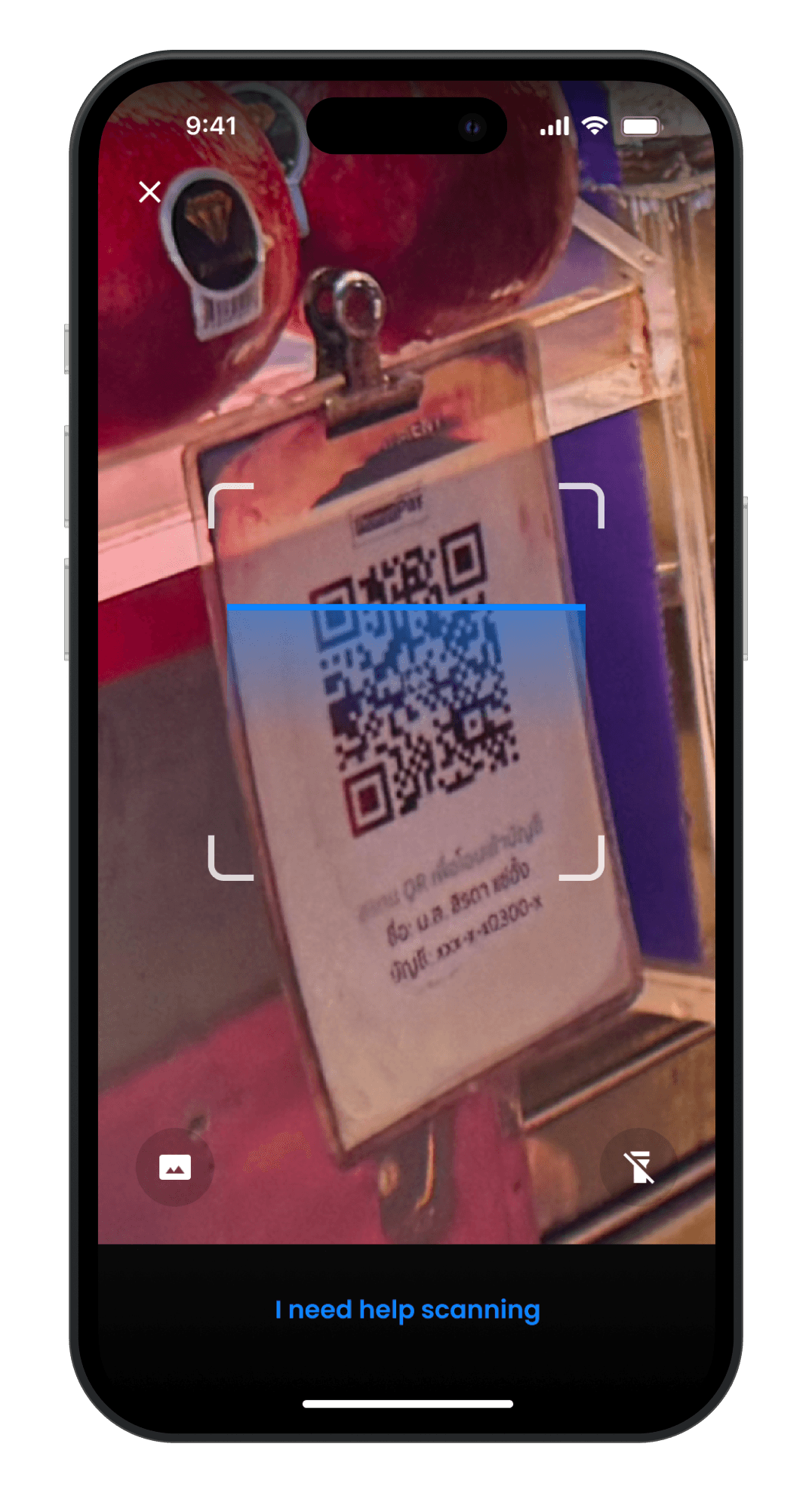 Illustrative Moreta scanner framing a Vietnamese shop QR code