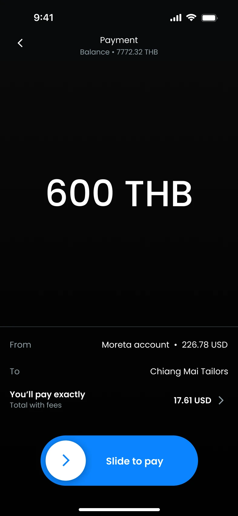 Moreta example payment review screen showing a total with fees in Thai baht