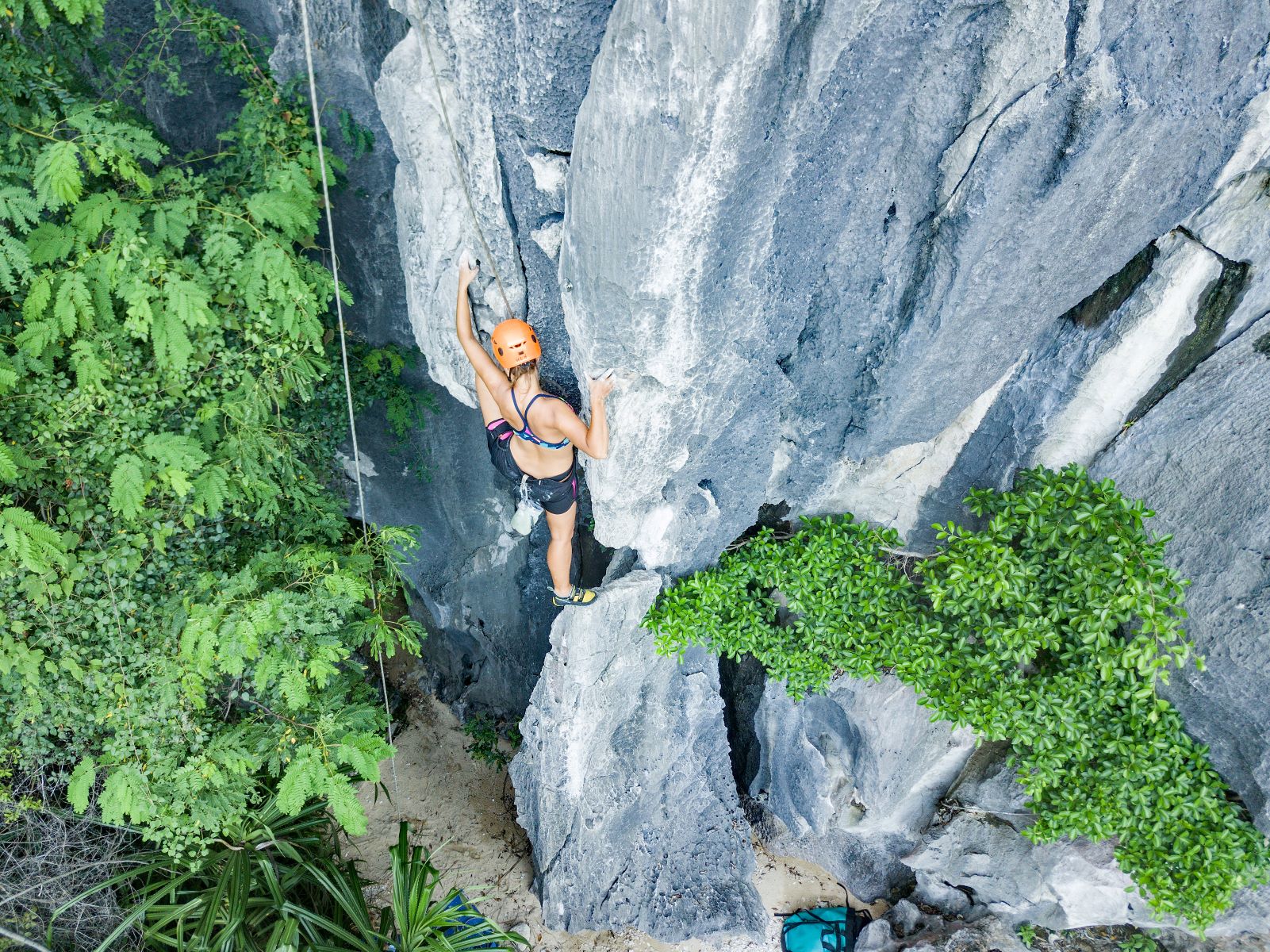 A climber wearing an orange helmet on a limestone wall among green vegetation